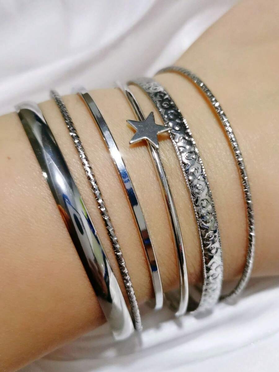 6 Peças Pulseira de Corrente de Estrela Minimalista Vintage, Acessórios de Pulso Bangle Empilháveis na Moda - Prata - Visão 1