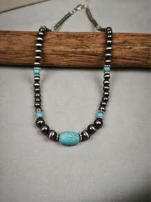 Collana vintage in turchese, gioielli con perle in stile western country con finitura argento per donna