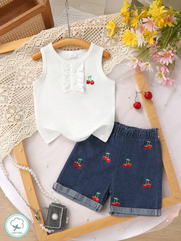 2pcs/Set Elegant & Cute Girls Outfit, Soft, Breathable, And Comfortable, Embroidered Cherry Pattern Solid Color Vest And Cherry Embroidered Paper Bag Waist Blue Denim Shorts, Suitable For Vacation, Party, Casual And Daily Wear