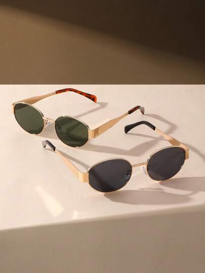 2pcs Retro Oval Golden Rim Women Stylish Fashion Glasses, Vintage Inspired