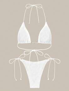 Polovedo Official New Spring/Summer Couples Solid White Halter Tie Sexy Bikini Swimsuit Set, Beach Holiday Party Date - White - View 4