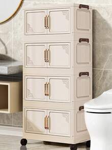 1pc 50cm/19.69 Inch Width Foldable Storage Cabinet, Clothes Closet Organizer Box, Clothing Divider Storage Box, Double Door Folding Box, 1-6 Layers Available, Thick Double Door Wheeled Storage Cabinet, Home Use No-Assembly Storage Rack, Organize Clothes And Toys Plastic Folding Storage Cabinet - Cream Door - View 2