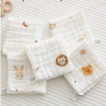 5条装/包和3条装随机卡通图案可爱婴儿围兜，新生儿超柔软小手帕，婴儿面巾，婴儿用品纱布巾