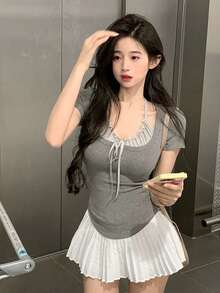 褶饰挂脖荷叶边腰部短款短袖 T 恤 - 灰色 - 查看 2