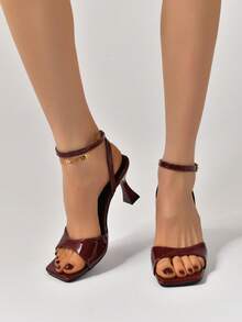 Women's Square Toe High Heel Sandals, Backless Lace-Up Peep Toe Sexy Nude Dress Heels For Summer - Burgundy - View 4