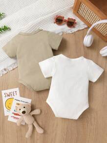 2pcs/Set Casual Cute Baby Boy One-Piece Outfit, Soft, Breathable, Comfortable, Fun Letter & Face Pattern Short Sleeve Bodysuit, Suitable For Vacation, Party, Everyday Wear