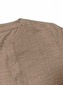 Spring/Summer/Autumn Round Neck Cardigan Elegant Solid Color Simple Casual Comfortable Dress Robe Top & Elastic Waist Arabian Long Pants 2pcs Set, Suitable For Garden Party, Commuting, Work - Brown - View 5