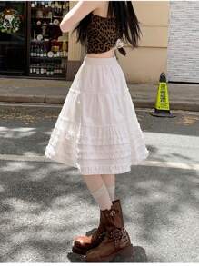 High-Waisted Flowy Ruffle Trim A-Line Skirt, White Casual Versatile Cake Skirt, Summer 2025 Korean Style