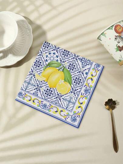 20 件 13 英寸 X 13 英寸一次性派对餐巾，时尚蓝白瓷柠檬图案纸巾，适合生日/淋浴/婚礼/单身派对和日常使用