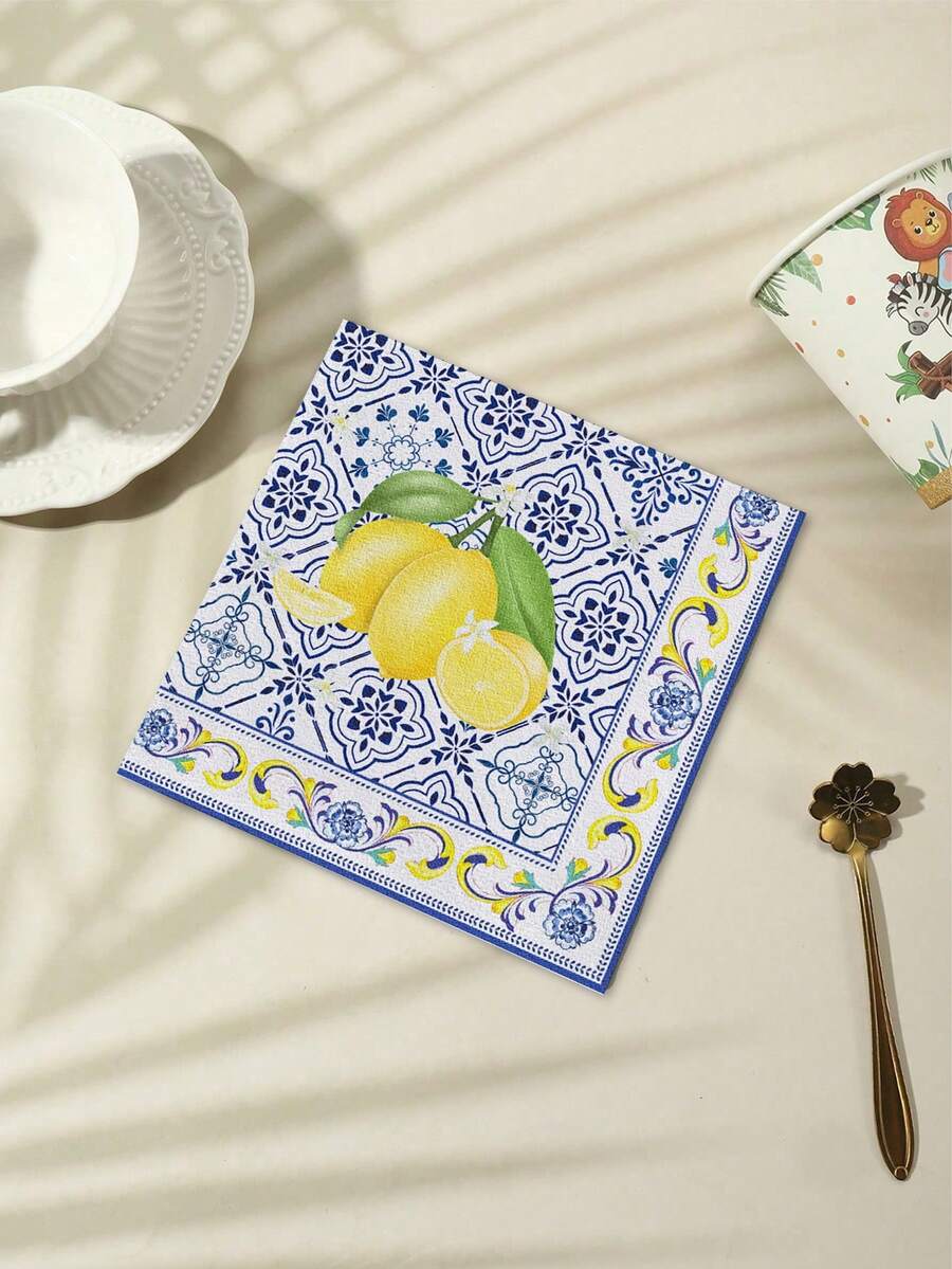 20 件 13 英寸 X 13 英寸一次性派对餐巾，时尚蓝白瓷柠檬图案纸巾，适合生日/淋浴/婚礼/单身派对和日常使用 - 藍白色 - 查看 1