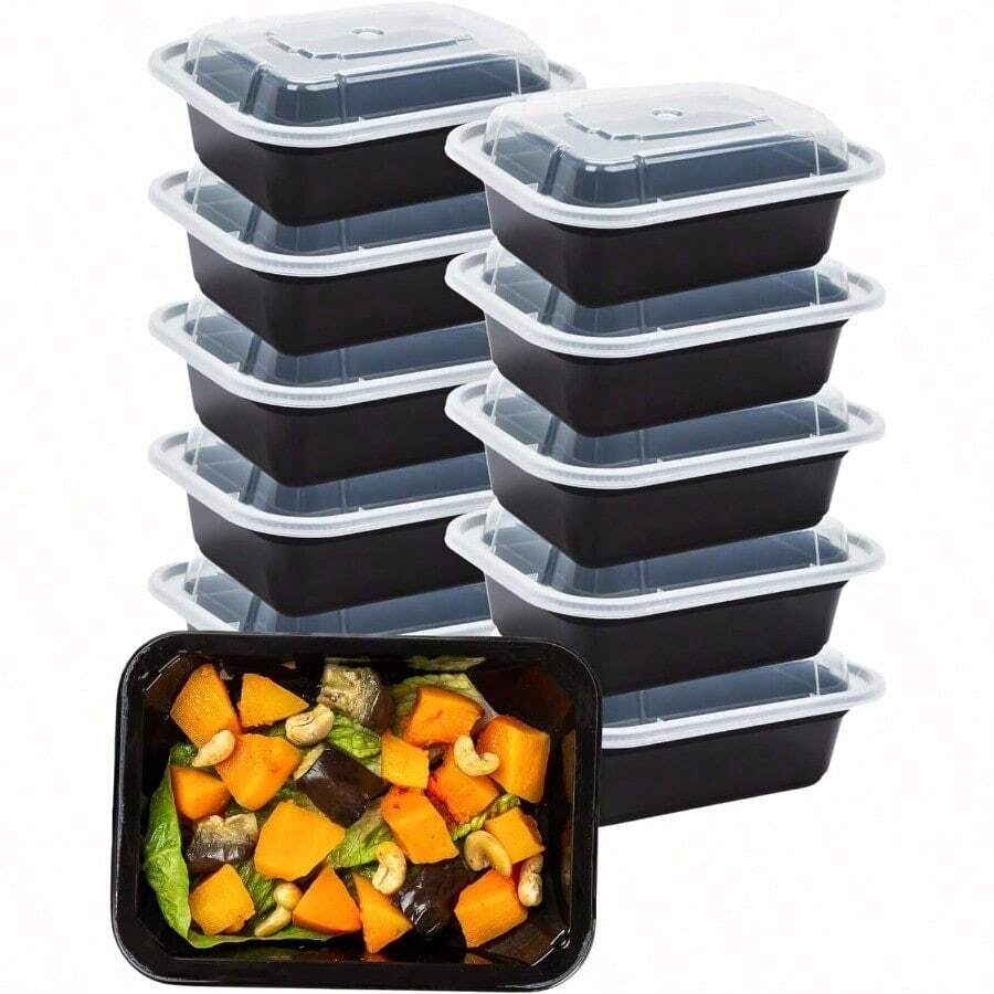 12 Oz Food Storage Containers With Lids Microwavable Meal Prep Containers Portion Control Food Containers Pack Of 10 - BlackBottemwithClearCover - View 1