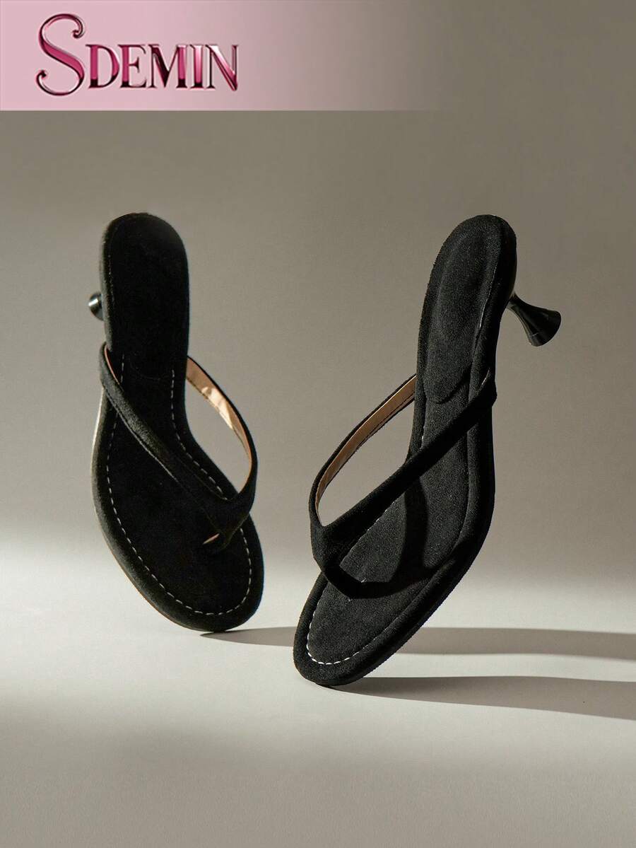 SDEMIN Summer New Arrival Women's Solid Color Slippers, Elegant Vacation Shoes, Casual Beach High Heels Sandals, Fashionable Slip-On Heels For Dress - 黑色 - 查看 1