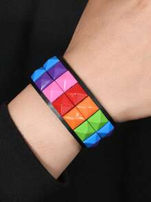 1 件休闲时尚朋克多色方形铆钉手链，男女适用，街头风格夜总会万圣节配饰，简约皮革首饰，展现独特个性 - 彩色 - 查看 7