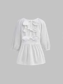 女人夏季娃娃装，蜜月和海岛度假必备单品，2025 年夏季泳池派对 - 白色蝴蝶结泡泡袖衬衫，婚礼宾客和海滩生日托皮上衣，商务休闲亚麻衬衫，斗篷配饰，白色上衣，白色，机场 - 白色 - 查看 4