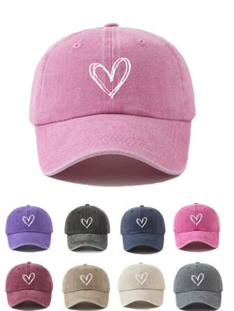 1pc Women's Embroidered Heart Washed Baseball Cap, Adjustable Sun Protection Casual Hat For Outdoor Spring Autumn Travel Beach, Unisex Y2K Style Sun Hat For Men