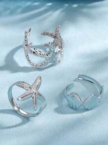 3Pcs/Set Unique Seashell, Starfish Style Adjustable Rings, Vacation Coastal Fashion Accessories For Women - Silver - View 2
