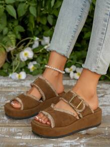 Women's Comfortable Lightweight Platform Slip On Sandals, Bohemian Cute Buckle Adjustable Super Light Elevated Elegant For Vacation Indoor Outdoor All Season