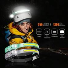 1pc 230°Wide Angle Sensor Headlamp | COB+XPE Dual Light Beads + 6 Lighting Modes | Elastic Silicone Headband For Comfortable Wear | Type-C Fast Charging + IP65 Waterproof | Outdoor Adventure, Night Running, Fishing, Camping Gear
