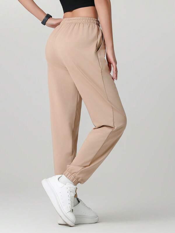 1pc Women's Solid Color Pocket Simple Casual Versatile Hiking, Running, Outdoor Cycling Drawstring Waist Knit Jogger Pants