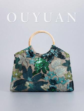 Damväska med paljett och stor kapacitet, enkel, moderiktig tygväska med rottinghandtag och linne, lämplig för paljett- och blommiga tygväskor till högtider. Semestrar, fester, stränder, kryssningar, helgdagar, presenter. (Slumpmässigt mönster)