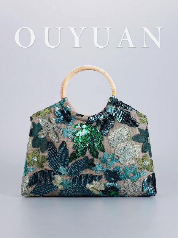 Bolso de tote de gran capacidad con lentejuelas para mujer, bolso de tote de lino con asa de ratán de moda simple, adecuado para vacaciones, bolso de tote con flores de lentejuelas. Vacaciones, fiestas, playas, cruceros, días festivos, regalos. (Patrón al azar)