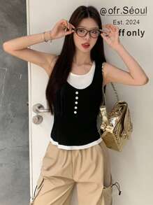 Contrast Color 2 In 1 Camisole Vest Women, Casual Versatile Sleeveless Knit Top For Summer