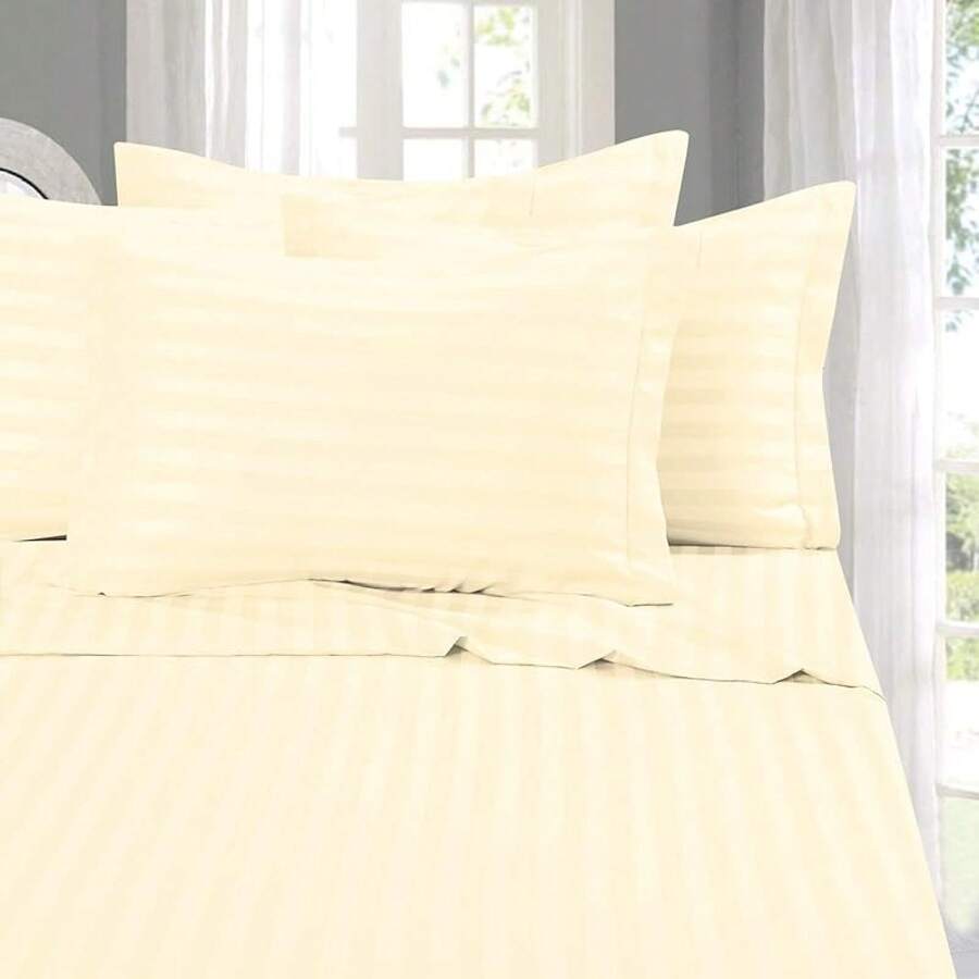 Elegant Comfort, Softest, Coziest 6-Piece Sheet Sets! 1500 Hotel Quality Luxurious Wrinkle Resistant Damask Stripe Bed Sheet Set, Black - Bedding 2025 - 象牙白 - 查看 1