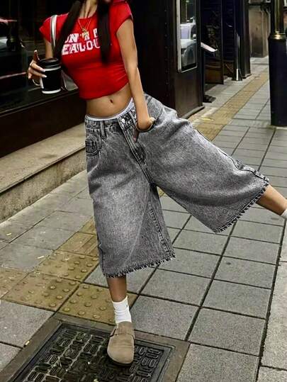 Pantalones cortos vaqueros de pierna ancha con bolsillos y efecto lavado con bigotes de gato, estilo vintage Y2K, pantalones capri casuales, para festivales de música Y2K