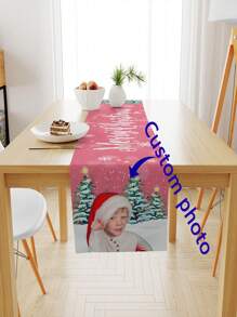 1 pièce Chemin de table rose de Noël, en tissu polyester avec éléments de peinture de Noël, décoration de table à manger pour la maison, design personnalisable