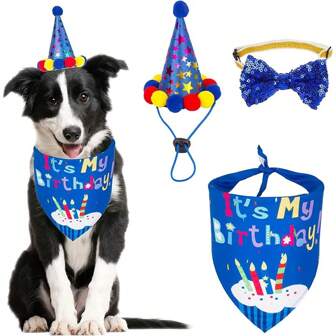 3-pack hundfödelsedagsbandanaset, inkluderar söt hundfödelsedagsfesthatt, halsduk och fluga, lämplig för katt- och hunddekorationer