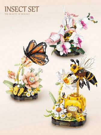  LOZ Mini-klossar Nyckelpiga, Bi, Evig Blomma Byggklossar, Söt Insekt Byggklossmodell, Vuxen Skrivbordsdekoration, Julklapp