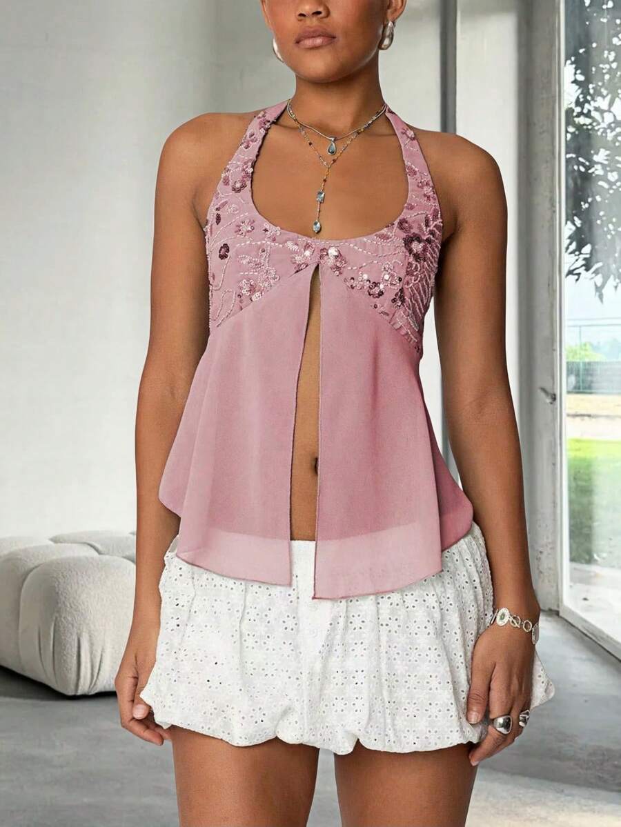 Women Sequin Beaded Mesh Patchwork Halter Top Y2K Sparkly Sleeveless Deep Low Cut Split Sheer Cami Tank Tops Glitter Rhinestone Backless Camisole Crop Tops Summer Slim Fit Vests Shirts Going Out Tops Club Party Beach Streetwear - 粉色 - 查看 1