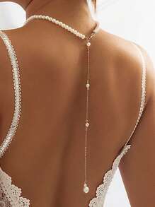 1PC Sexy Faux Pearl Golden Tassel Back Chain Is For Women, The Elegant Faux Pearl Y-Shaped Long Necklace Is For Women, The Fashionable And Pure White Wedding Party Jewelry Is For Women, The Back Chain Suitable For Women To Wear With Evening Gowns And Skirts, And For Women To Wear At Parties