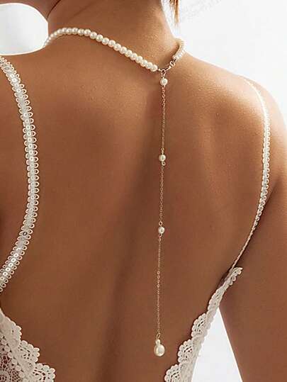 1 Stück sexy goldene Quasten-Rückenkette mit Kunstperlen für Frauen, elegante lange Y-förmige Halskette mit Kunstperlen für Frauen, modischer und rein weißer Hochzeitsparty-Schmuck für Frauen, die Rückenkette ist geeignet für Frauen zum Tragen von Abendkleidern und Röcken und für Frauen zum Tragen auf Partys