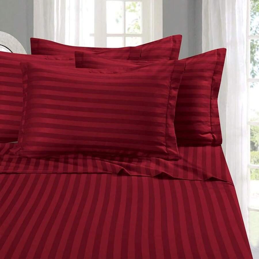 Elegant Comfort, Softest, Coziest 6-Piece Sheet Sets! 1500 Hotel Quality Luxurious Wrinkle Resistant Damask Stripe Bed Sheet Set, Black - Bedding 2025 - 酒紅色 - 查看 1