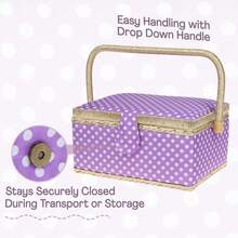 Local Delivery-Large Wooden Sewing Box With Accessories Sewing Storage And Organizer With Complete Sewing Kit Tools, White Purple Sewing Basket With Removable Tray And Tomato Pincushion For Sewing Mending - Purple Dot - View 5