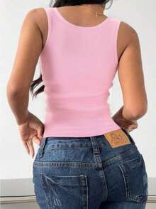 1pc Plain Comfy Simple Casual - Sports Casual Ribbed Racerback Tank Top - Pink - View 5