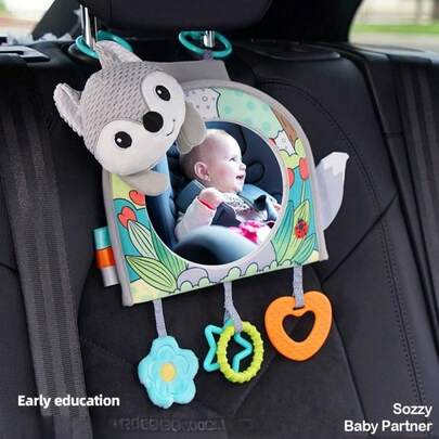Adorable Cartoon Animal Baby Car Mirror With Teether - Rear Facing Seat Monitor For Infants Toddlers, Includes Stroller Hook Pacifier Toys - Perfect Newborn Gift One Cartoon Mirror Baby Observation Mirror Reflective Rearview Mirror