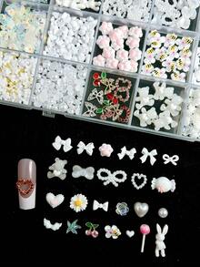 1 盒随机混合 ABS 白色仿珍珠蝴蝶结，法式指甲饰物 3D 卡通小蜜蜂、兔子、小熊、天使之心多功能美甲配件 DIY - 彩色 - 查看 6