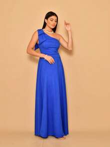 Helena Long Dress Luxury Plain Duna Linen With Bow One Shoulder - 寶藍色 - 查看 4