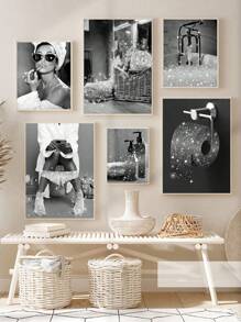 1 pièce Affiche murale mode, décoration murale de salle de bain, impression noir et blanc avec paillettes roses, tableau canevas, photos, œuvre murale de salle de bain moderne, humoristique pour femmes, sans cadre
