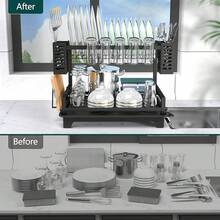 Escurridor de platos de 2 niveles para encimera de cocina, escurridor grande de platos con bandeja de goteo y soportes para utensilios, escurreplatos resistente a la oxidación, organización de cocina - Negro - Ver 5