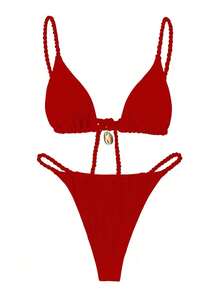 性感纯色编织女士比基尼泳装 - 紅色 - 查看 2