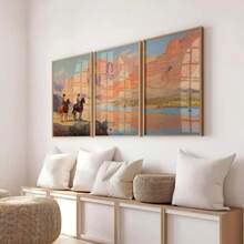 3pcs Cowboy 3 PiecesWall Art, Western Oil Painting Set Of Three Prints, Desert Landscape, Rodeo Horseback Riding Equestrian Decor
