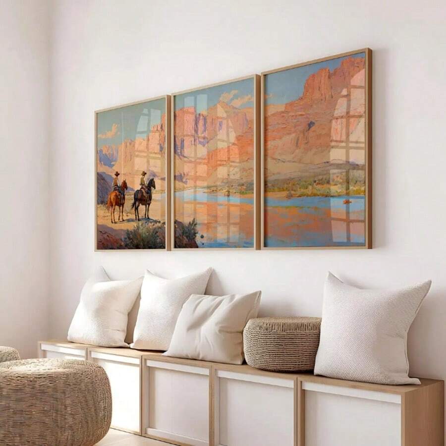 3pcs Cowboy 3 PiecesWall Art, Western Oil Painting Set Of Three Prints, Desert Landscape, Rodeo Horseback Riding Equestrian Decor