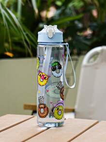 1pc 700ml/23oz Cartoon Donut Pattern Plastic Water Bottle, Children Plastic Water Cup With Lid, Lockable Design, Lanyard, Portable For School, Outdoor Sports, Camping, Picnic