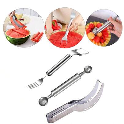 1/3 piezas Cortador de sandía de acero inoxidable, cortador de frutas, rebanador y picador de frutas multifuncional con mango ergonómico, apto para sandía, melón, mango, papaya, herramienta ideal para disfrutar de las frutas en verano, herramienta de cocina precisa