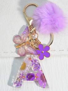 1pc Resin Dried Flower & Letter Shaped Keychain, Fashionable Butterfly Tassel Pom Pom Decor Key Ring, For Mom & Best Friend Car Accessories Bag Charm Backpack For School Cute Goth Y2k Halloween Accessories Teachers Day Christmas Gift Ideas Bag Lanyards With Id Holder Car Accessories Bag Charms Car Sister - Pink - View 13