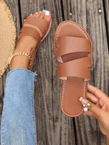 Sandalias planas informales estilo coreano para mujeres, tipo mula de playa estilo romano tejida, abiertas de dedo, apropiadas para verano, exterior, playa, apartamento, combinan bien con vestidos, color marrón - Marrón - Ver 2