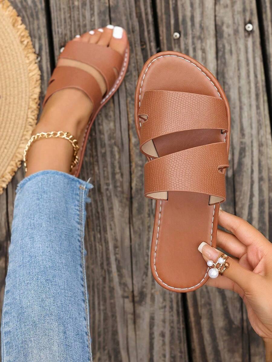 Sandalias planas informales estilo coreano para mujeres, tipo mula de playa estilo romano tejida, abiertas de dedo, apropiadas para verano, exterior, playa, apartamento, combinan bien con vestidos, color marrón
